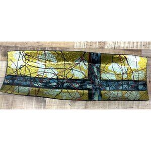 Gold & Multicolor Handcrafted Fused Glass Decorative Tray With Abstract Design